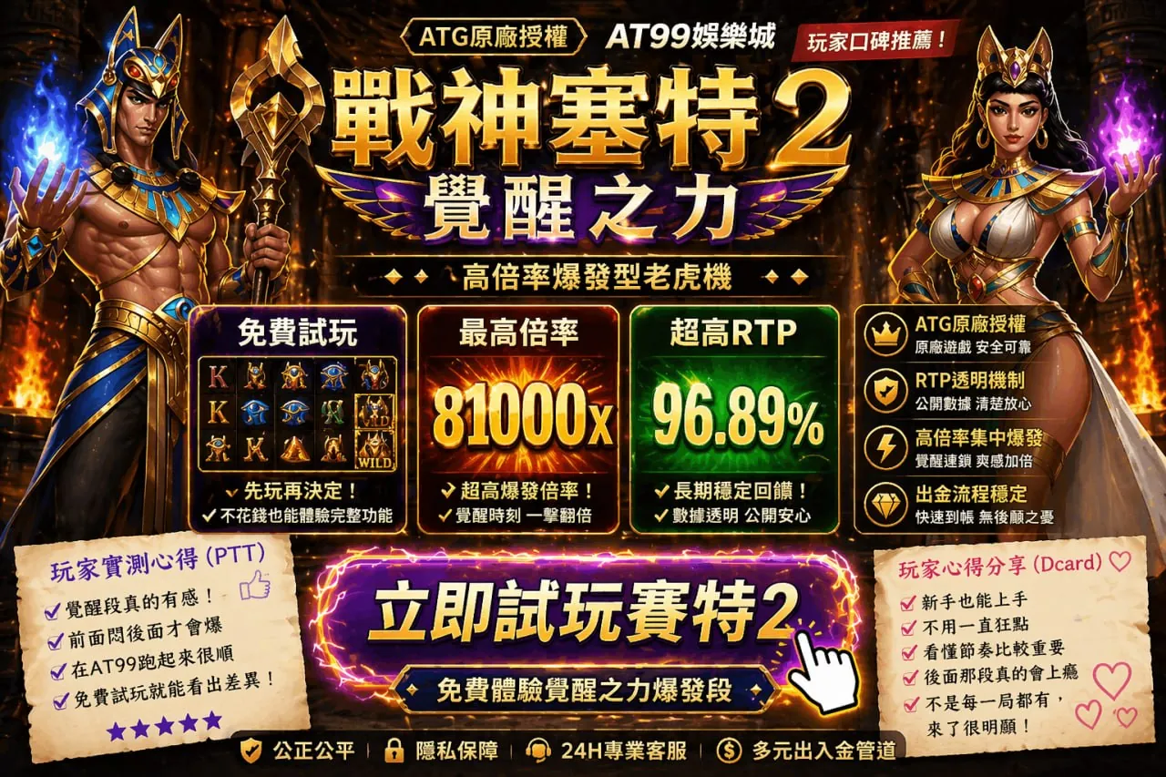 戰神賽特2試玩與爆率資訊畫面，展示AT99娛樂城免費試玩與RTP數據